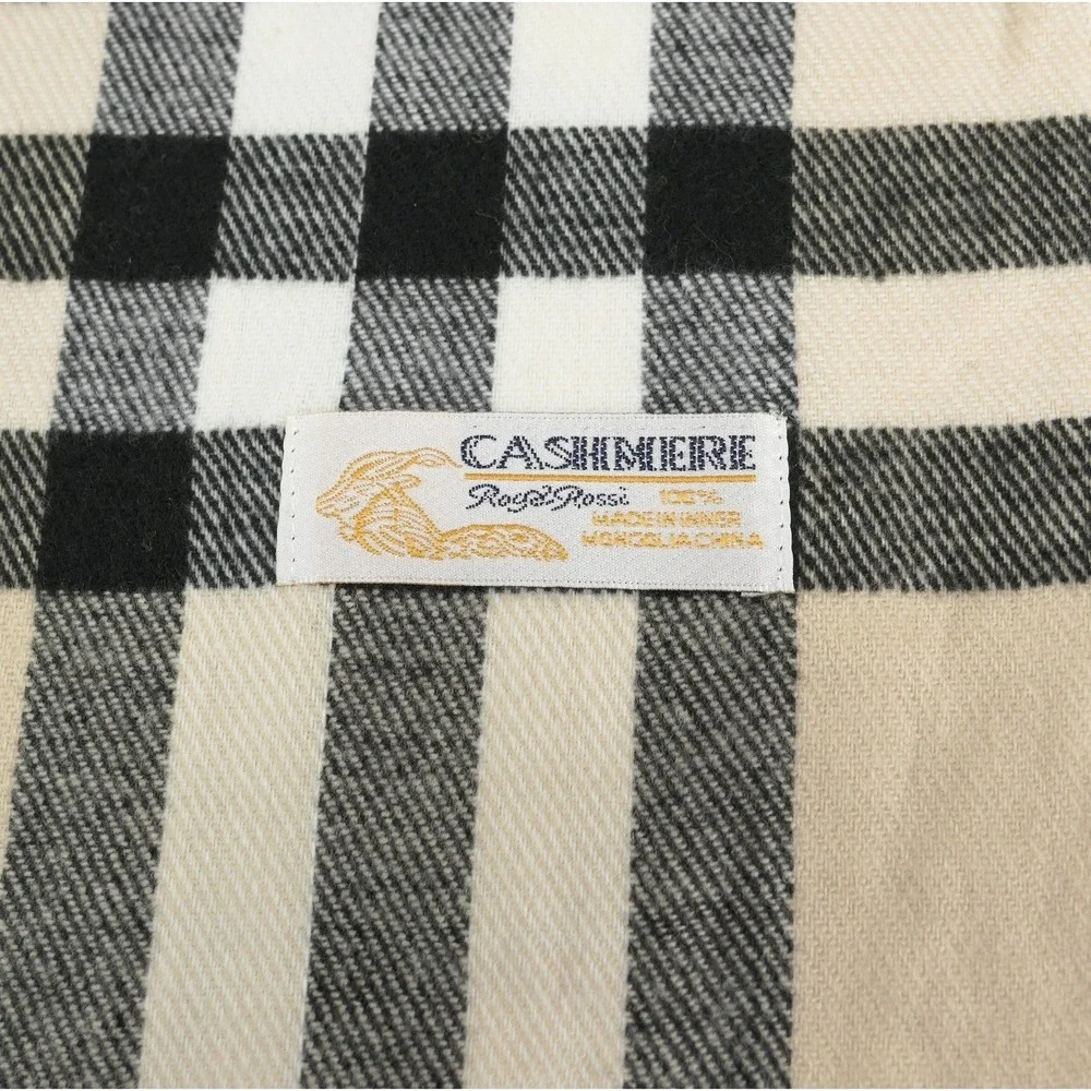 Royal Rossi 100% Mongolian Cashmere Plaid Check Scarf Tan Black White Fringe 70